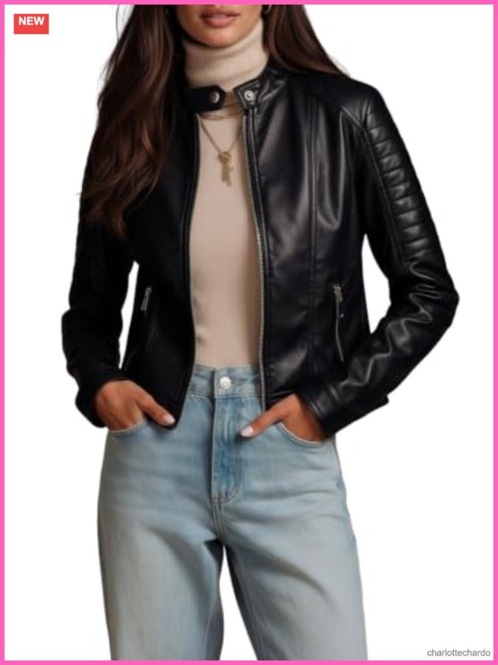 Faux Leather Moto Jacket Stand Collar Zip Up Women